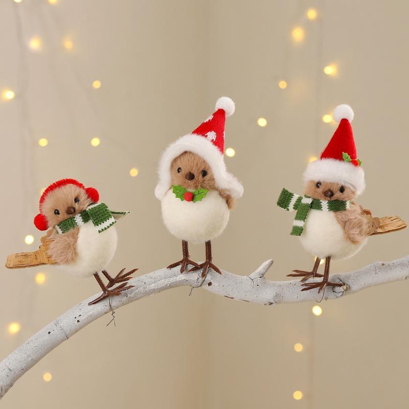 Santa Hat Plush - Ornamen Burung Natal Berbulu Dengan Topi